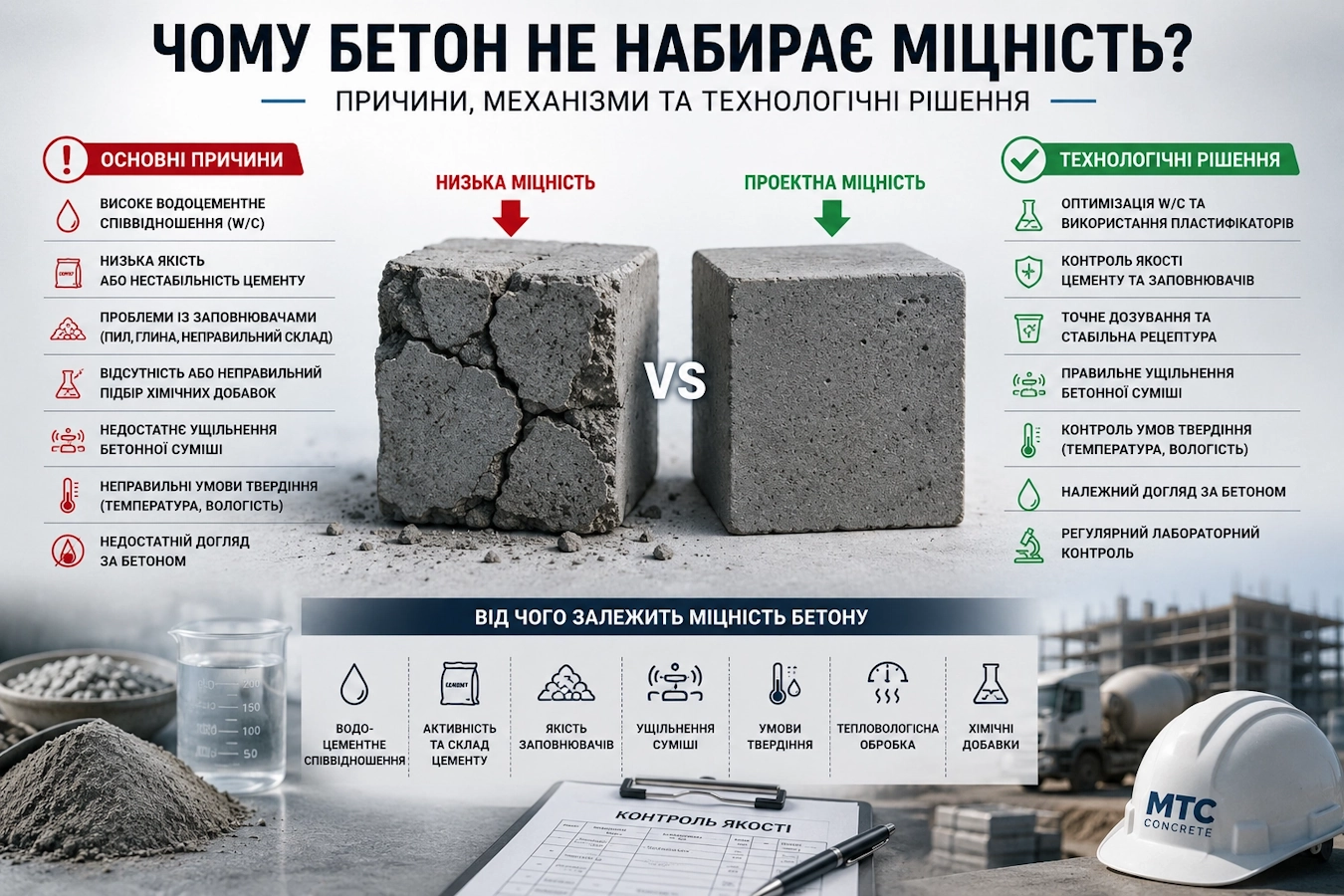 Чому бетон не набирає міцність: причини, механізми та технологічні рішення.